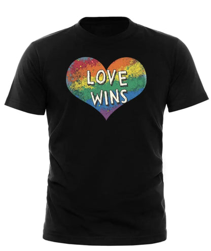 Black Love Wins Pride T-Shirt featuring colorful heart design for LGBTQ+ supporters