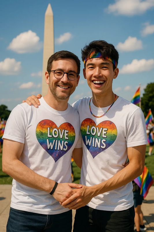 Two men wearing love wins pride t-shirts standing together at a celebration event
