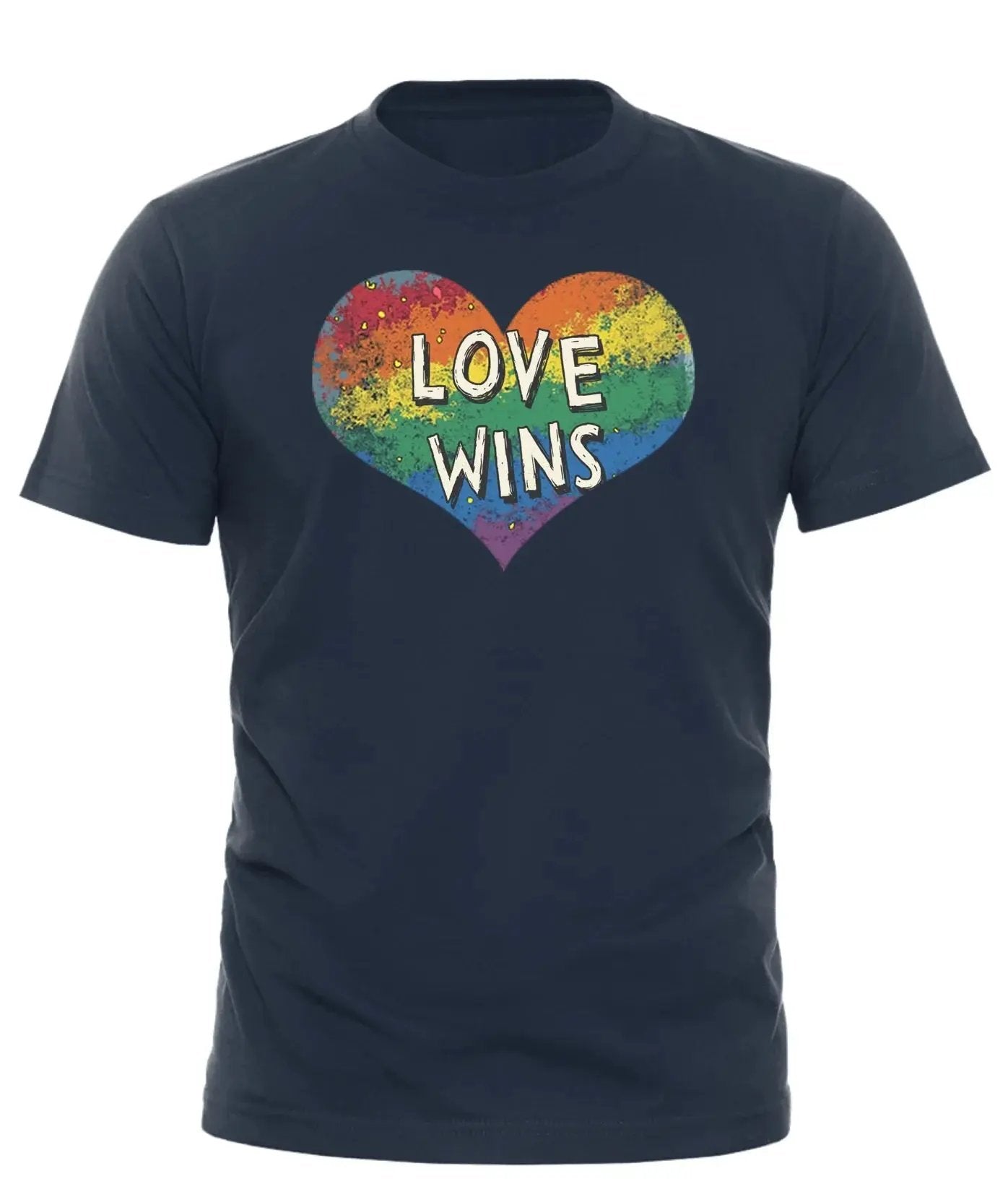 Navy love wins pride t-shirt featuring a colorful heart design celebrating love and inclusivity