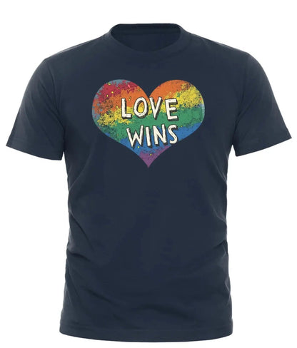 Navy love wins pride t-shirt featuring a colorful heart design celebrating love and inclusivity
