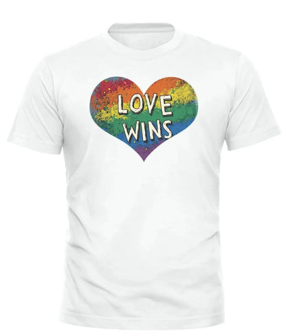 White Love Wins Pride T-Shirt featuring a colorful heart design for a vibrant celebration