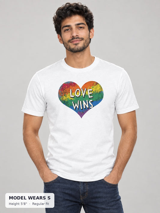 Love Wins Pride Tee on a slim model wearing size S, 5'8" - Good Trouble Fashion