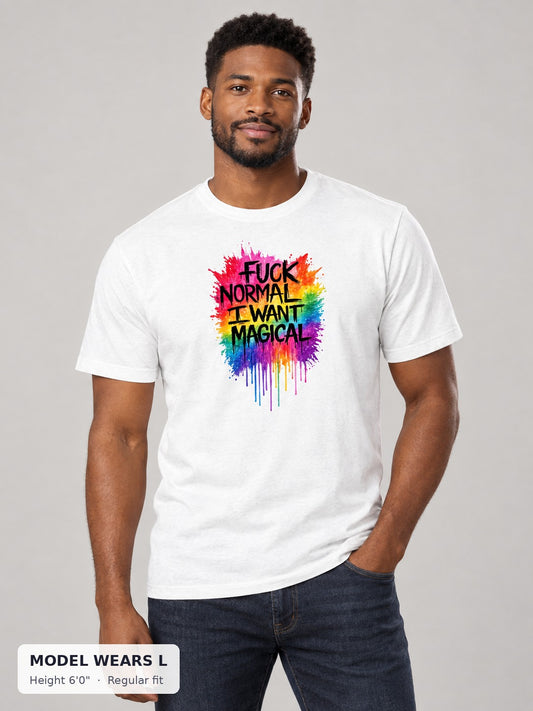 Fuck Normal, I Want Magical Tee on an athletic model wearing size L, 6'0" - Good Trouble Fashion