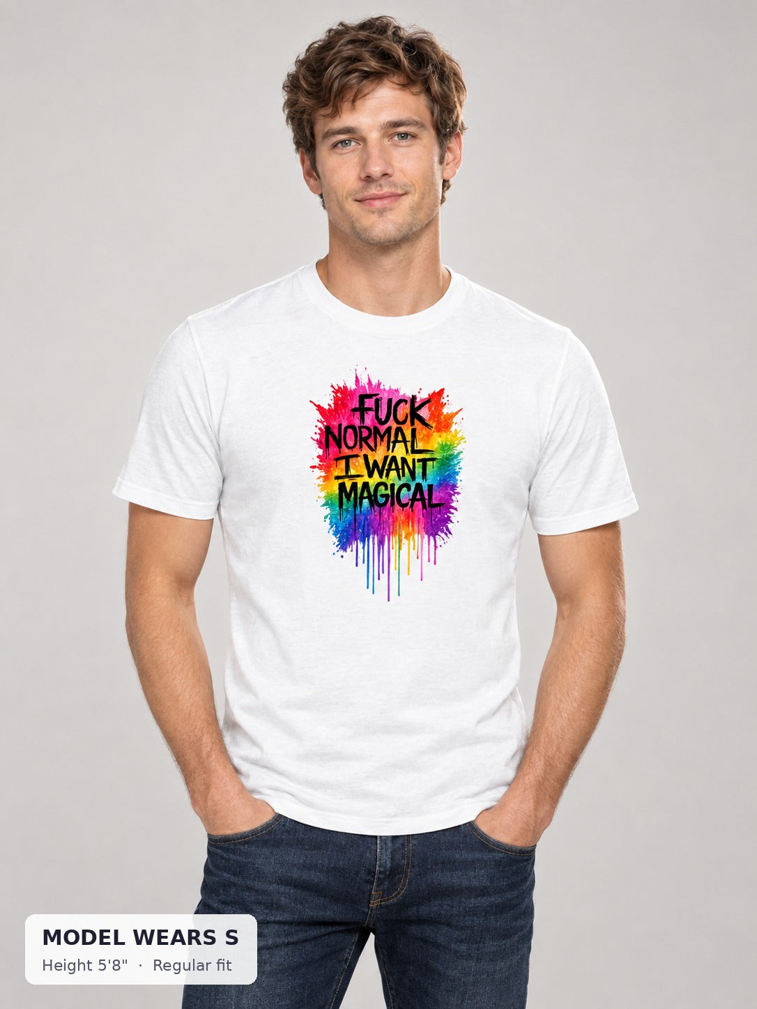 Fuck Normal, I Want Magical Tee on a slim model wearing size S, 5'8" - Good Trouble Fashion