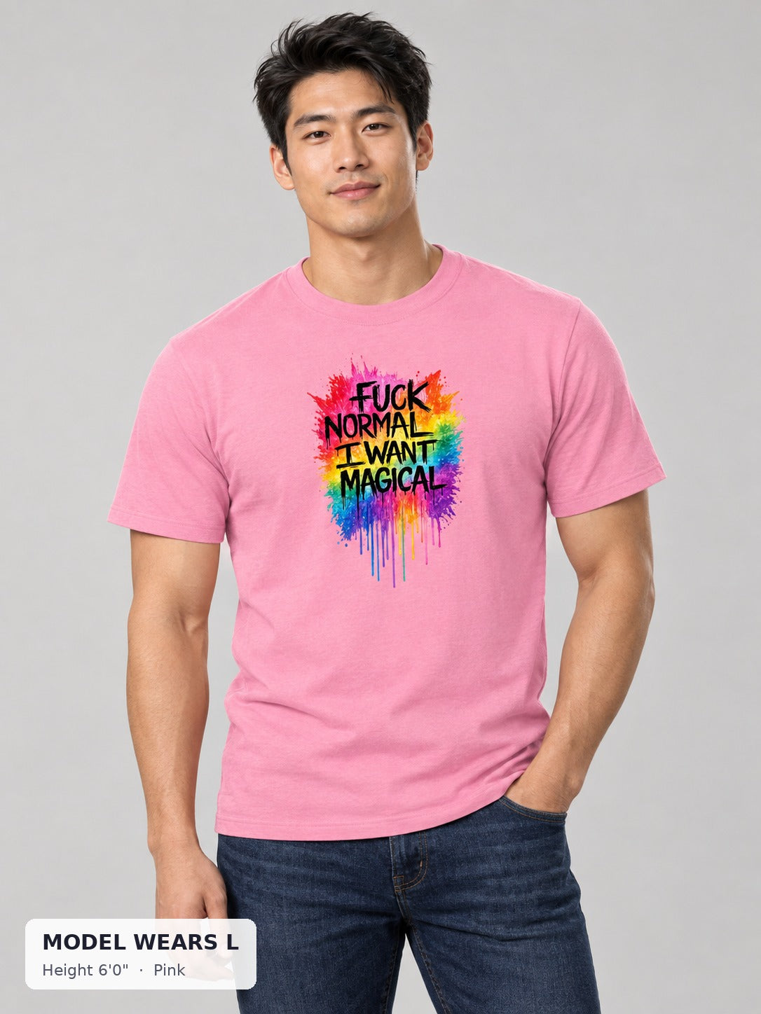 Fuck Normal, I Want Magical Tee in Pink on an athletic model wearing size L, 6'0" - Good Trouble Fashion