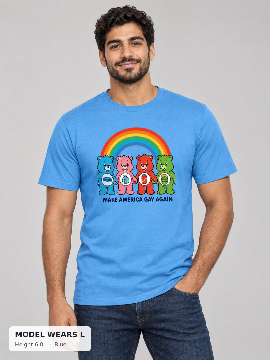 Make America Gay Again Shirt for Pride and Equality in Blue on an athletic model wearing size L, 6'0" - Good Trouble Fashion