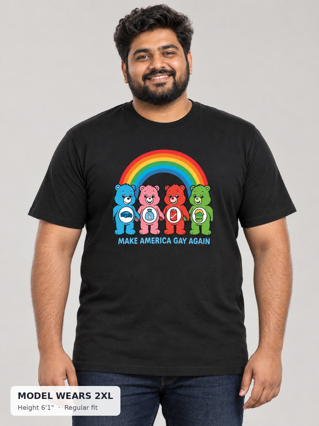 Make America Gay Again Shirt for Pride and Equality on a plus-size model wearing size 2XL, 6'1" - Good Trouble Fashion