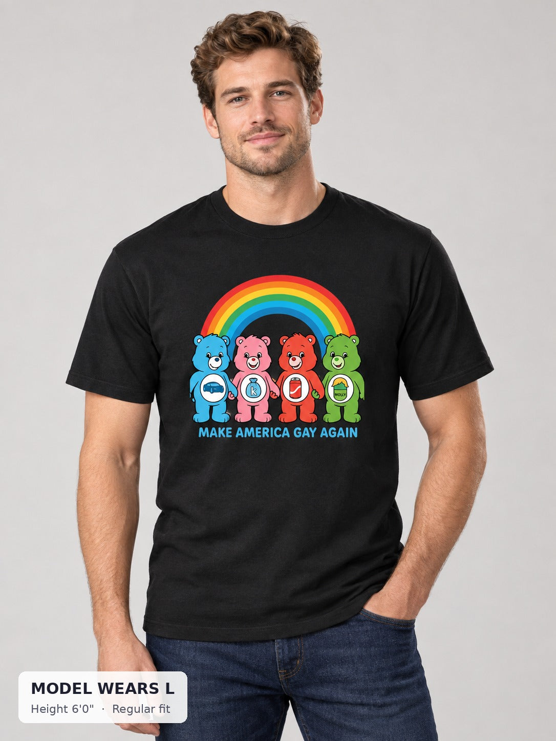 Make America Gay Again Shirt for Pride and Equality on an athletic model wearing size L, 6'0" - Good Trouble Fashion