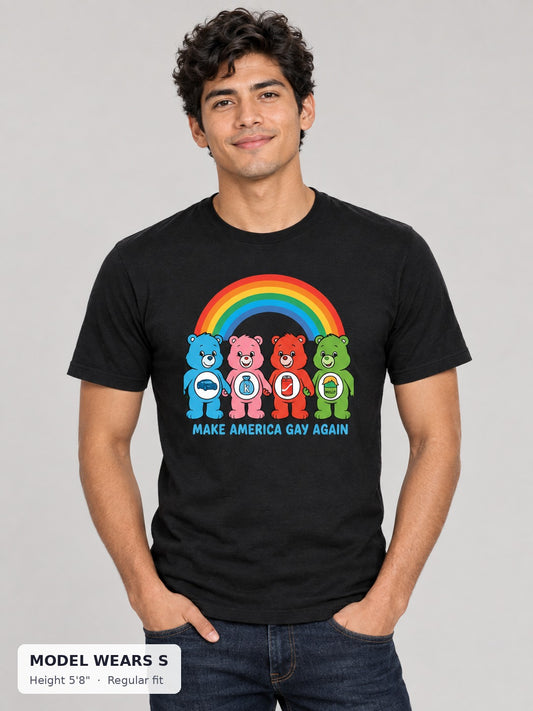Make America Gay Again Shirt for Pride and Equality on a slim model wearing size S, 5'8" - Good Trouble Fashion