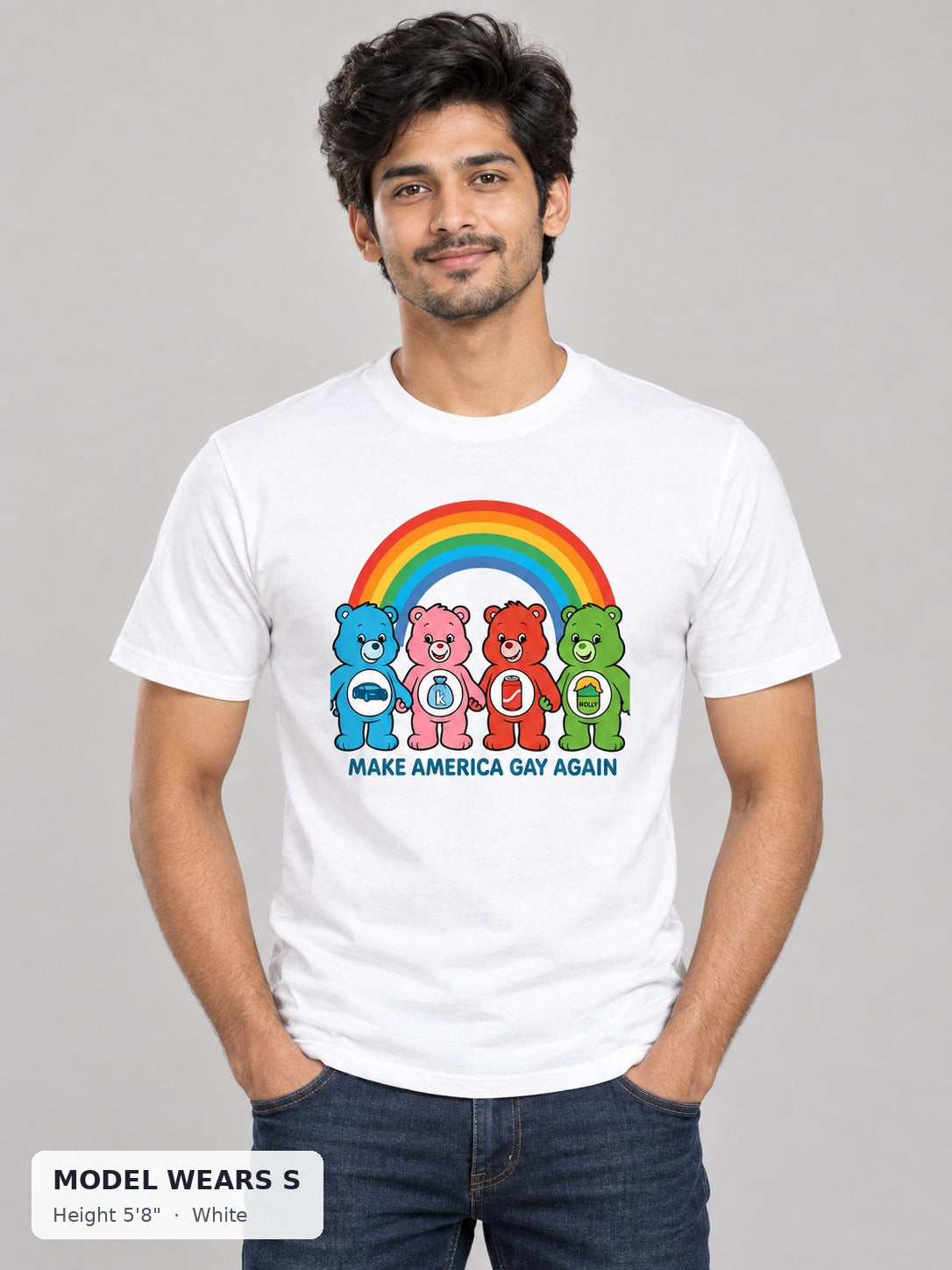 Make America Gay Again Shirt for Pride and Equality in White on a slim model wearing size S, 5'8" - Good Trouble Fashion