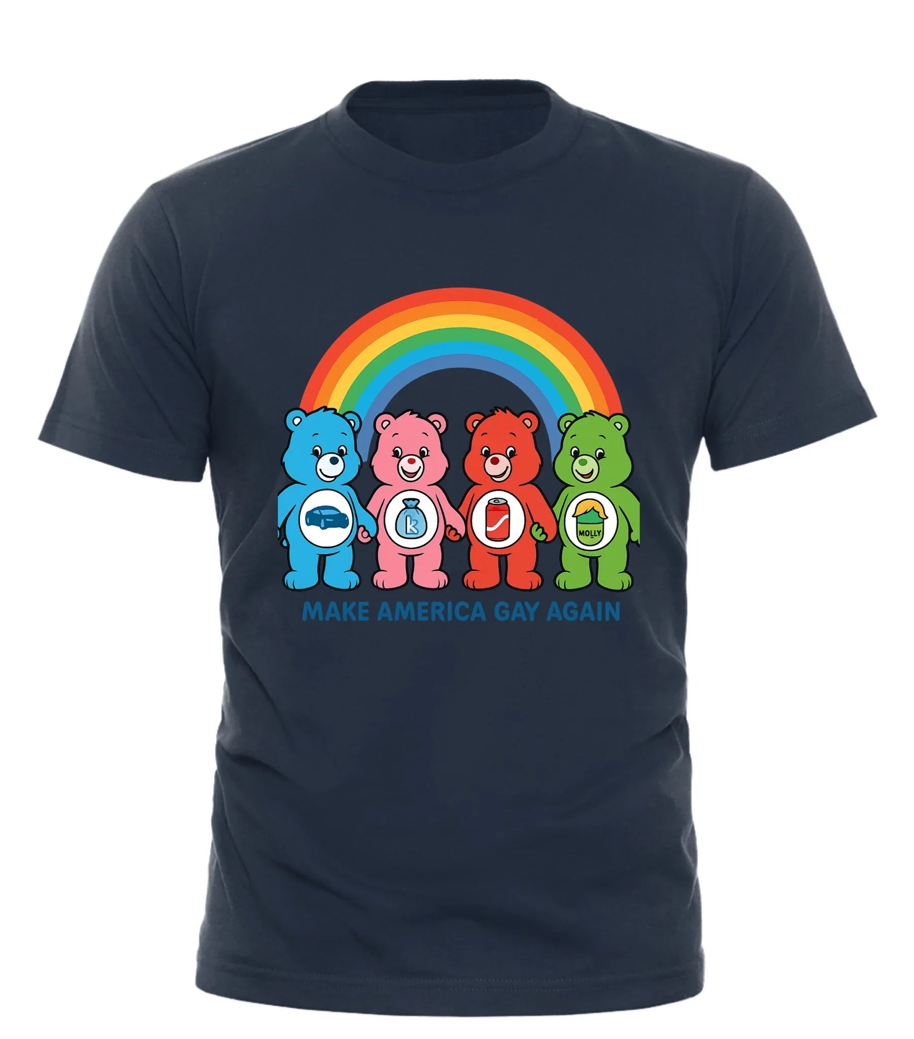 Make America Gay Again tee with colorful bears and rainbow graphic from Good Trouble Garments