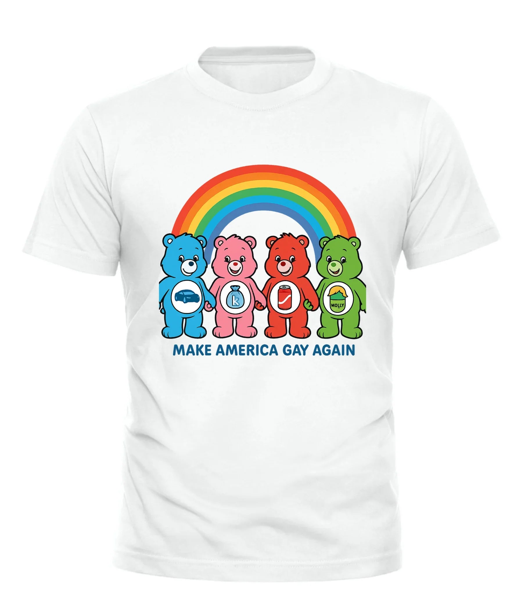 Make America Gay Again tee with colorful cartoon bears and rainbow design on white shirt