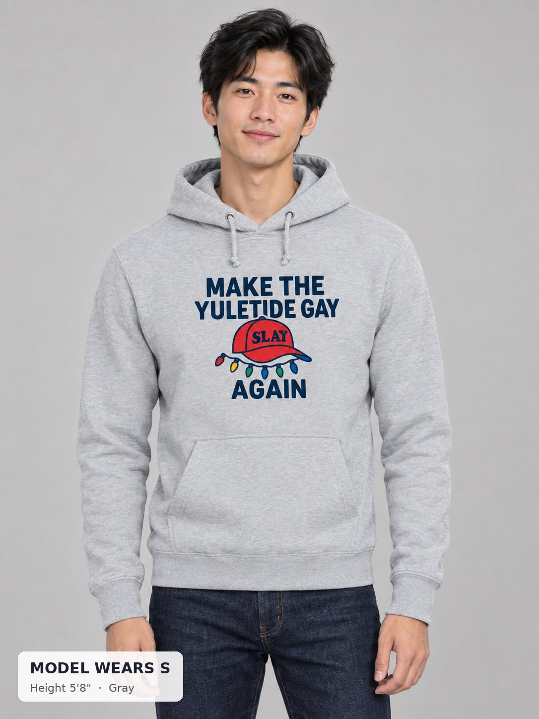 Make the Yuletide Gay Hoodie in Gray on a slim model wearing size S, 5'8" - Good Trouble Fashion