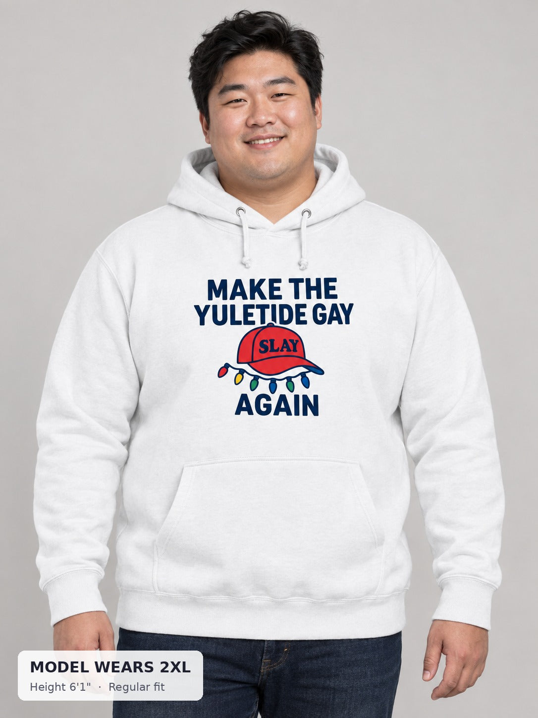 Make the Yuletide Gay Hoodie on a plus-size model wearing size 2XL, 6'1" - Good Trouble Fashion
