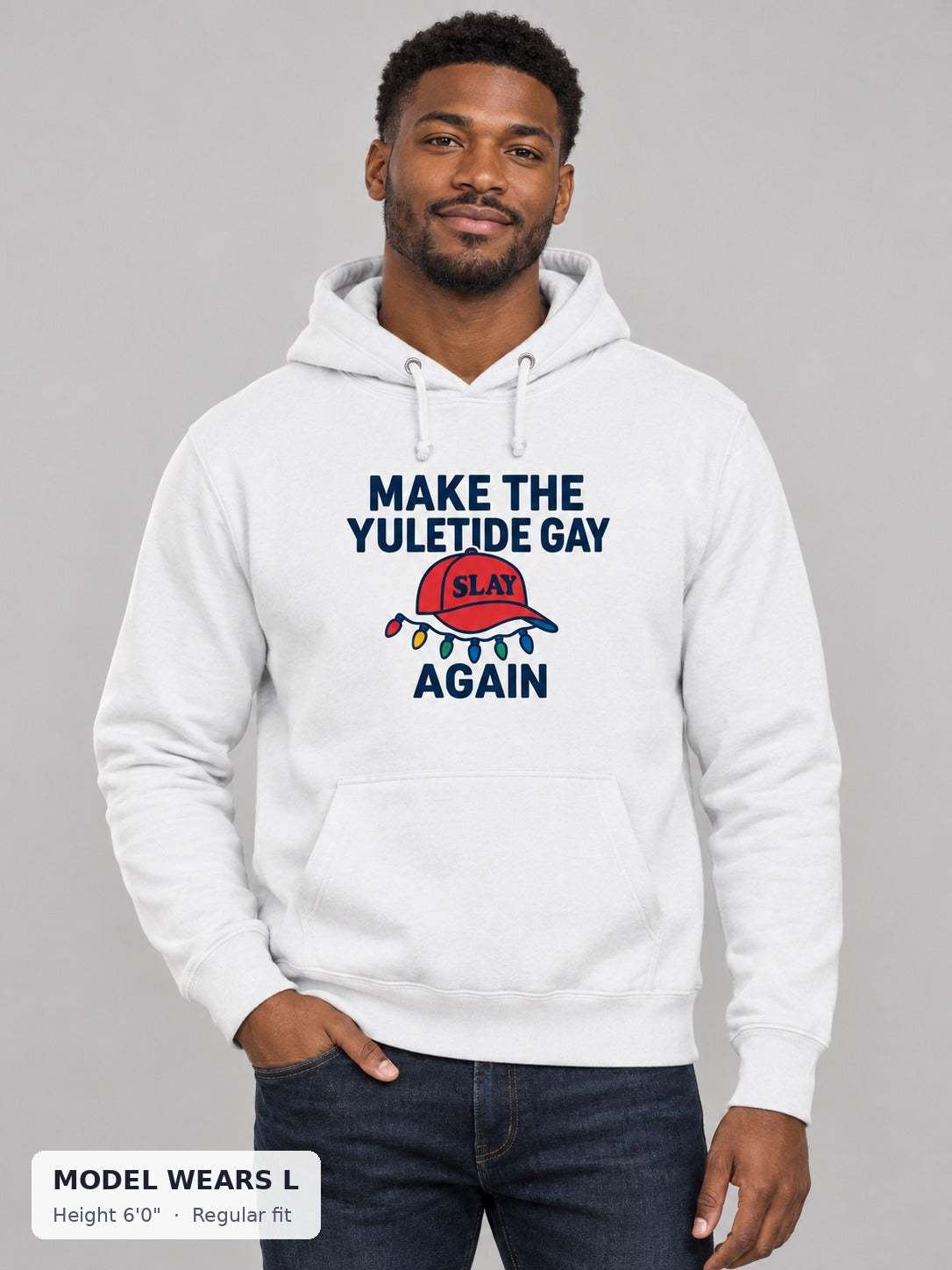 Make the Yuletide Gay Hoodie on an athletic model wearing size L, 6'0" - Good Trouble Fashion