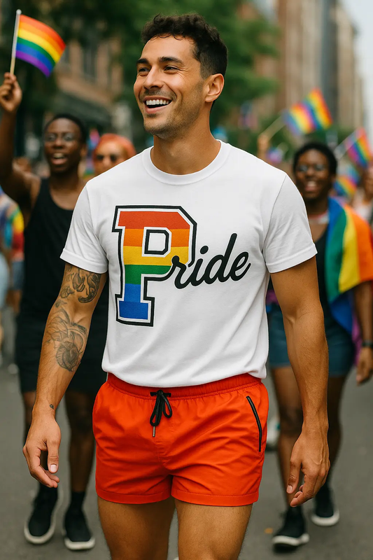 Pride Varsity T-Shirt – unisex graphic cotton T-shirt from Good Trouble Fashion – soft jersey tee product photo