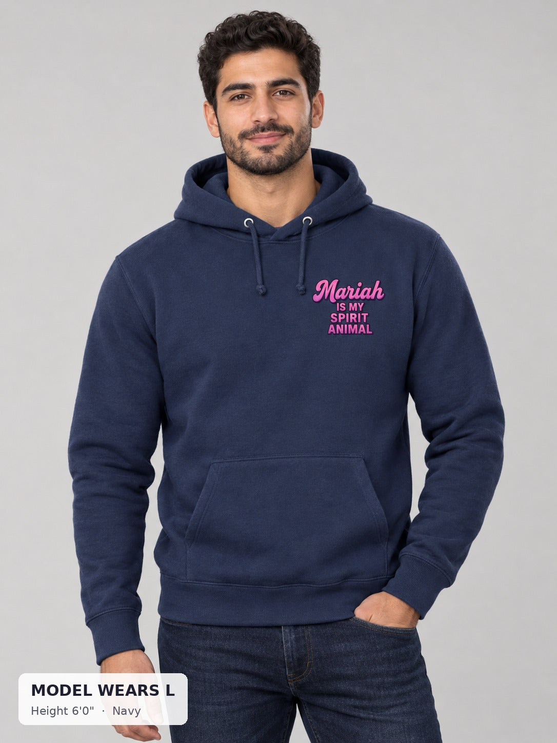 Mariah Spirit Animal Hoodie in Navy on an athletic model wearing size L, 6'0" - Good Trouble Fashion
