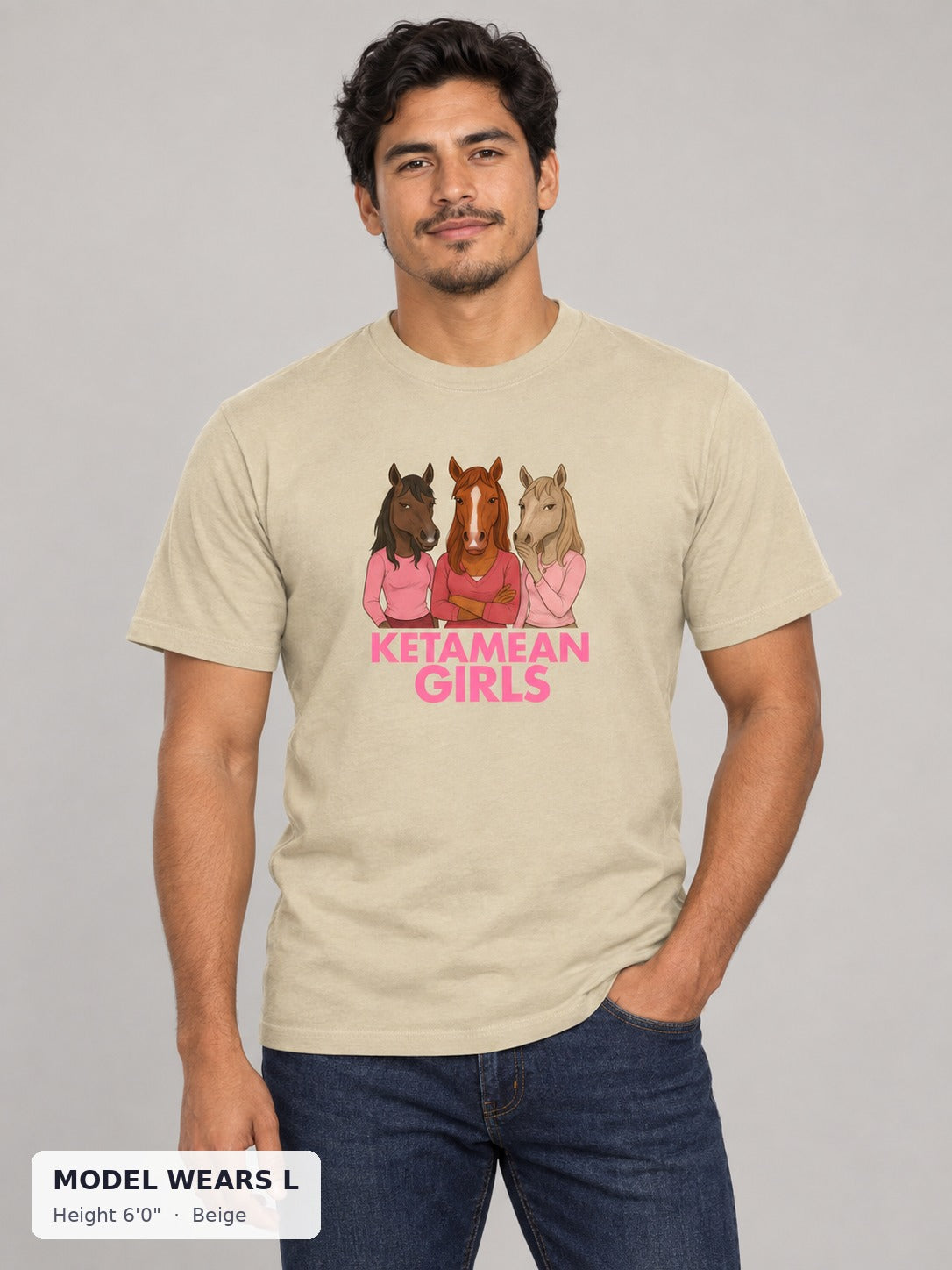 Mean Girls Ketamine Tee in Beige on an athletic model wearing size L, 6'0" - Good Trouble Fashion