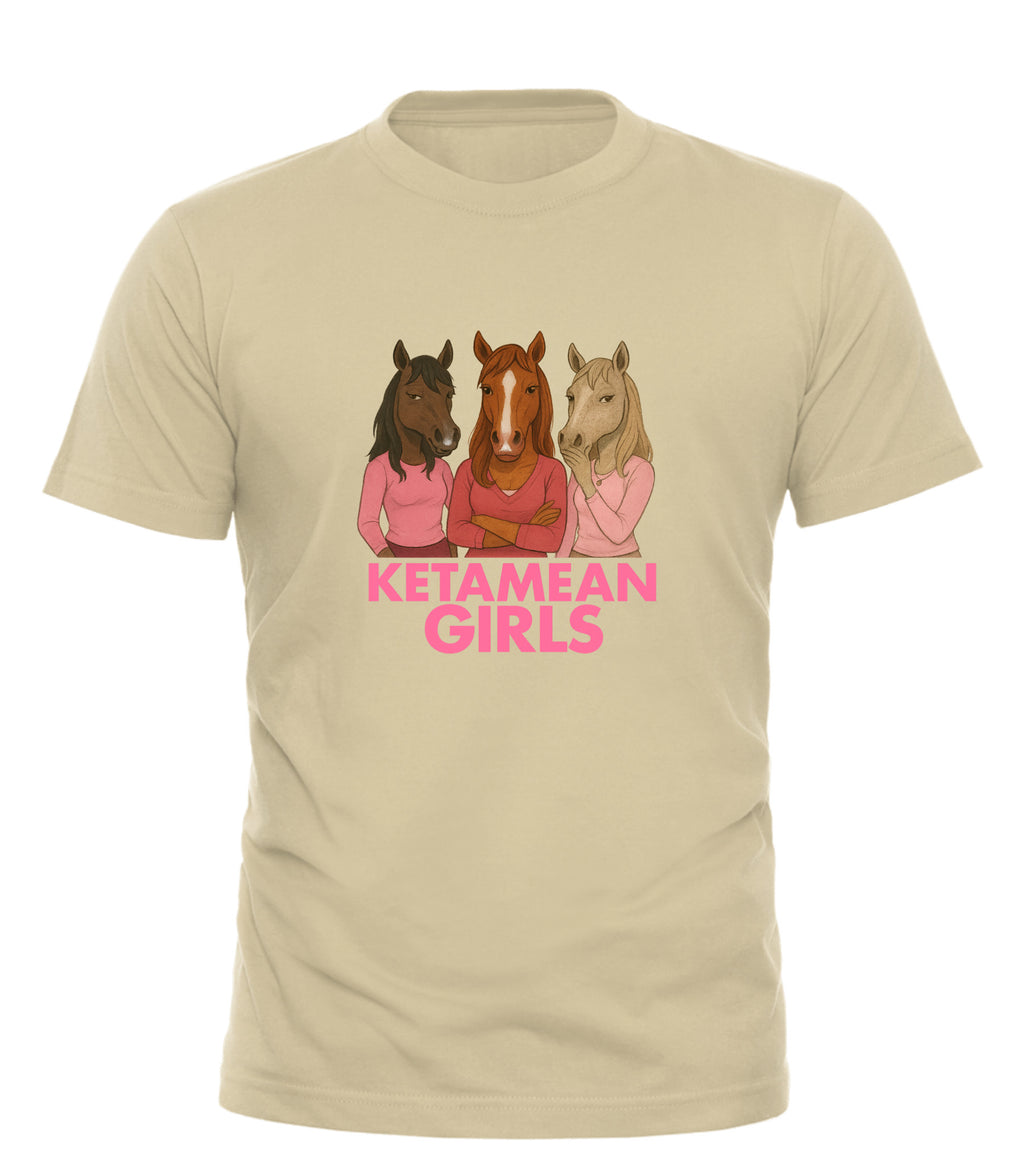 Good Trouble Garments mean girls parody shirt featuring three cartoon horses in pink tops on beige tee