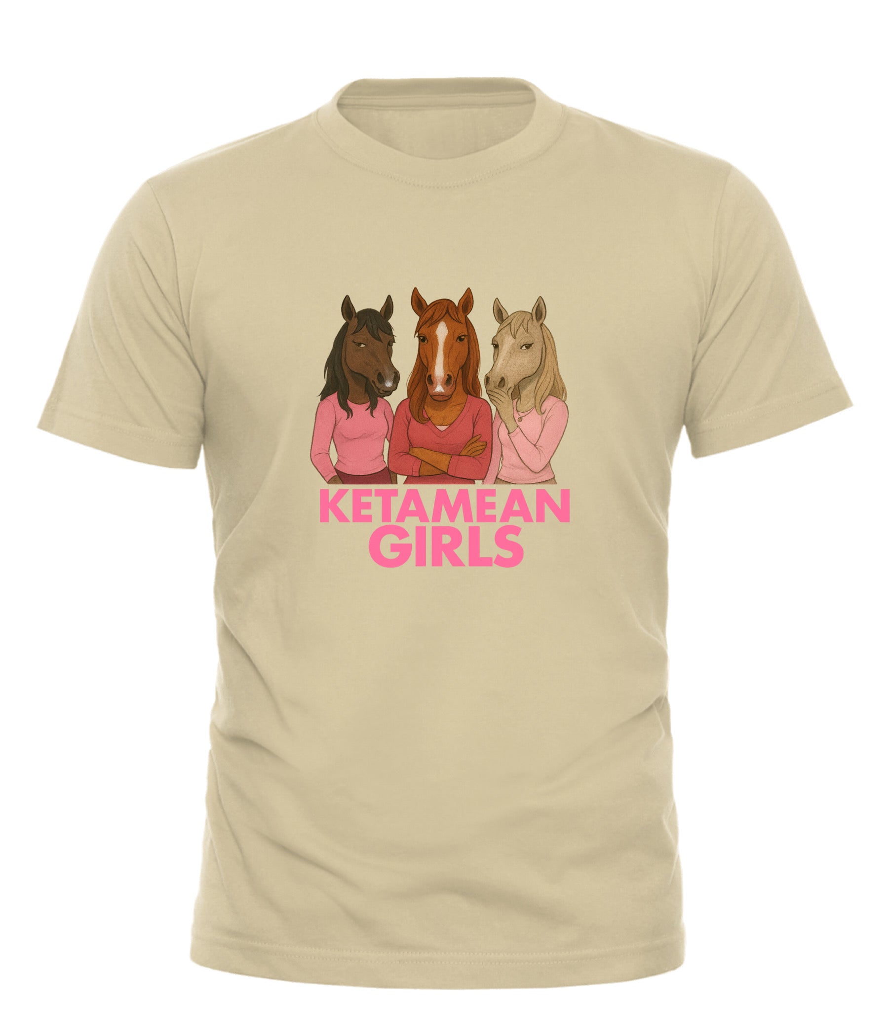 Good Trouble Garments mean girls parody shirt featuring three cartoon horses in pink tops on beige tee