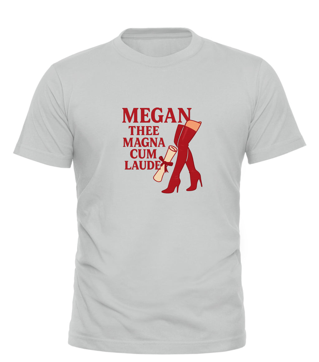 Good Trouble Garments white shirt featuring Megan Thee Stallion parody shirt design with red boots and diploma graphic