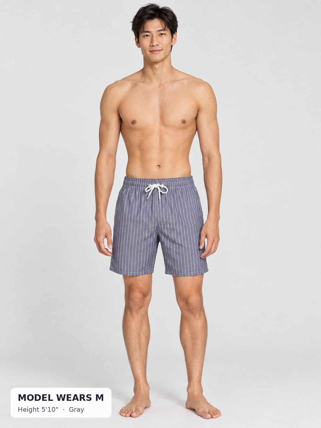 CODE 22 Striped Swim Shorts in Gray on a model wearing size M, 5'10"