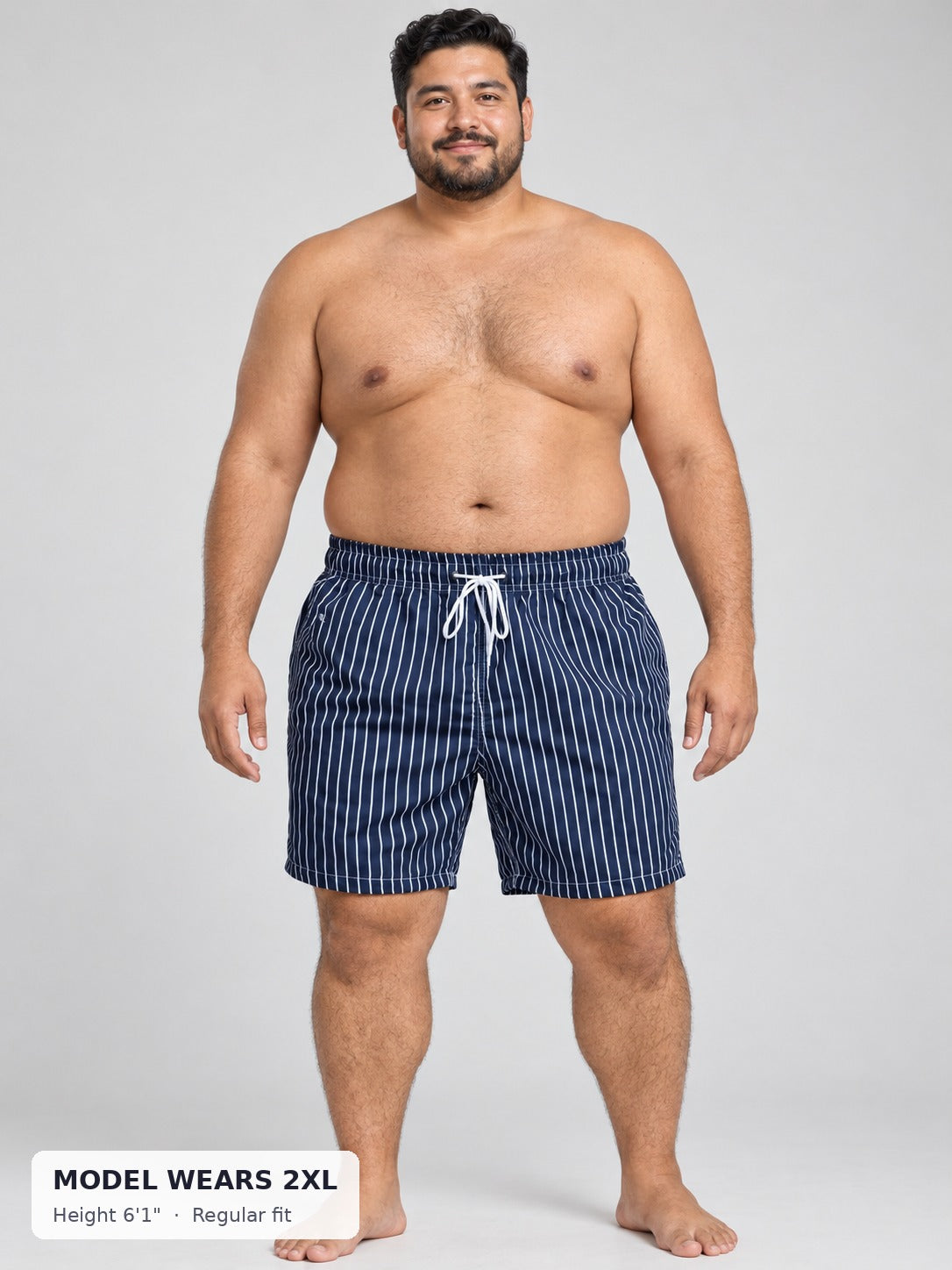 CODE 22 Striped Swim Shorts on a plus-size model wearing size 2XL, 6'1"