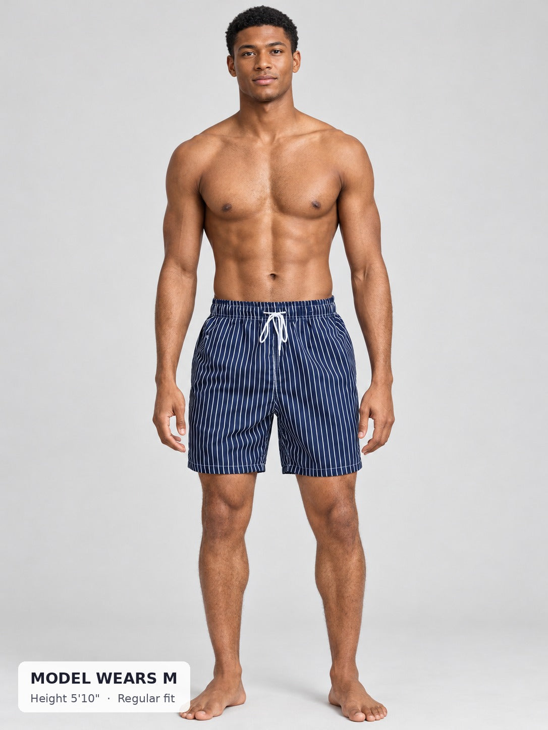 CODE 22 Striped Swim Shorts on a model wearing size M, 5'10"