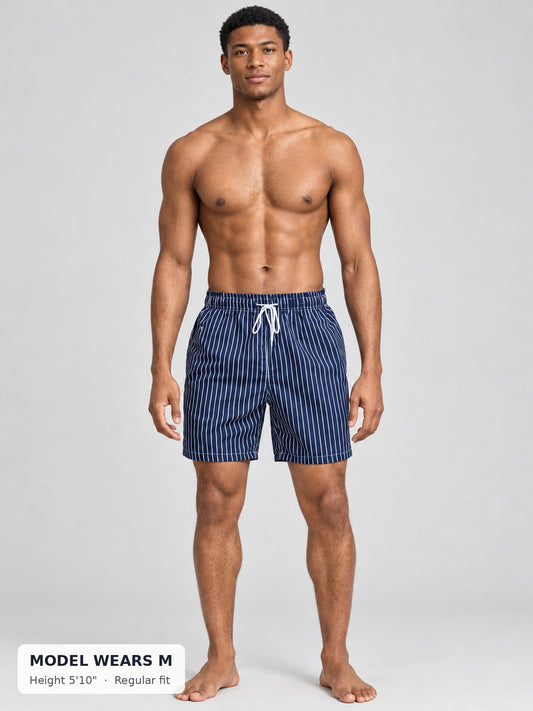 CODE 22 Striped Swim Shorts on a model wearing size M, 5'10"