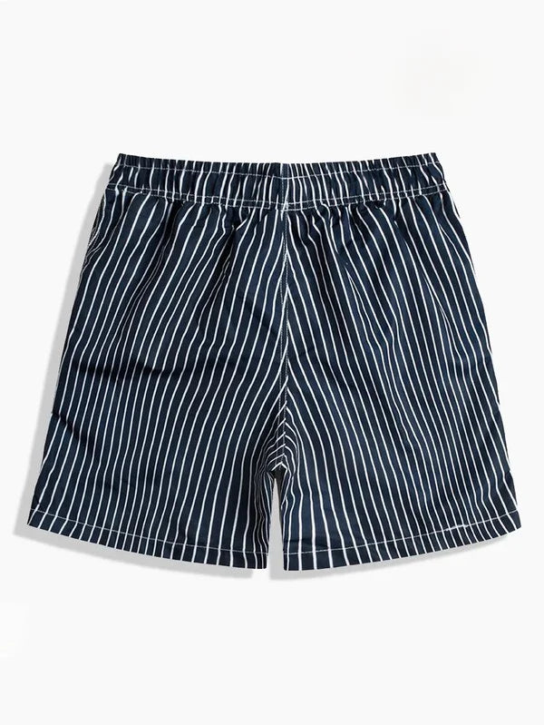 Men's striped swim shorts in navy blue with white stripes, perfect for beach outings