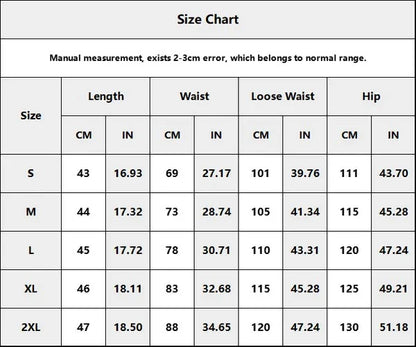 Good Trouble Garments men's striped swim shorts size chart showing measurements for waist hip and length