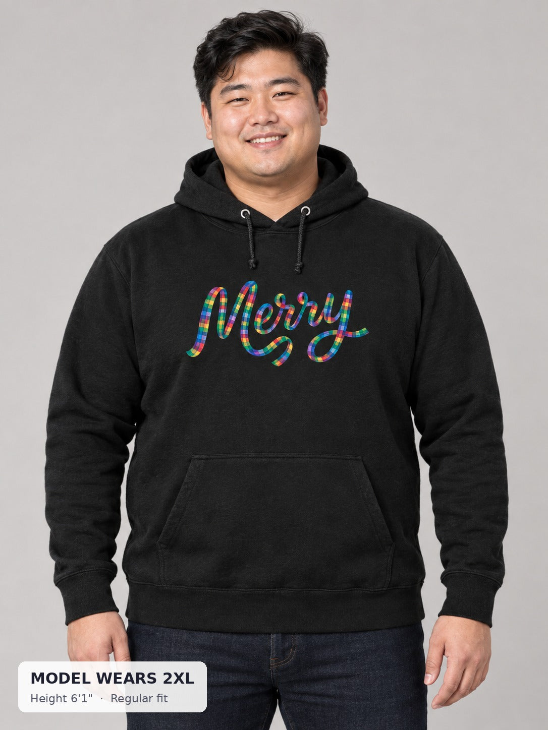 Merry and Bright Holiday Hoodie on a plus-size model wearing size 2XL, 6'1" - Good Trouble Fashion