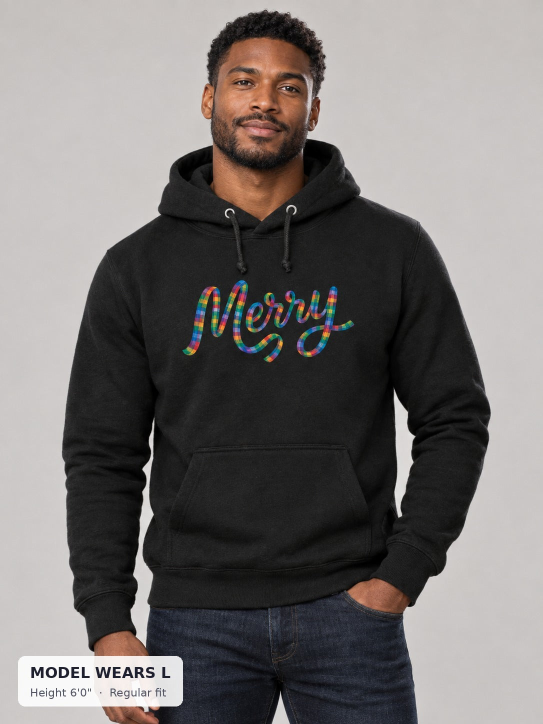 Merry and Bright Holiday Hoodie on an athletic model wearing size L, 6'0" - Good Trouble Fashion