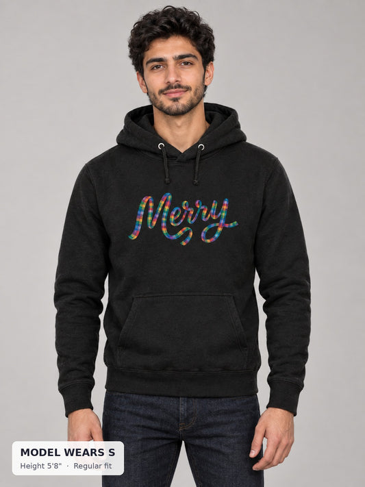 Merry and Bright Holiday Hoodie on a slim model wearing size S, 5'8" - Good Trouble Fashion
