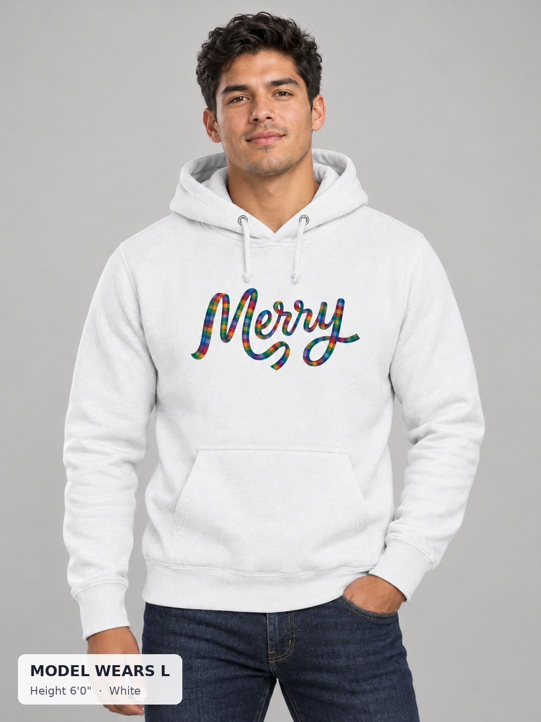 Merry and Bright Holiday Hoodie in White on an athletic model wearing size L, 6'0" - Good Trouble Fashion