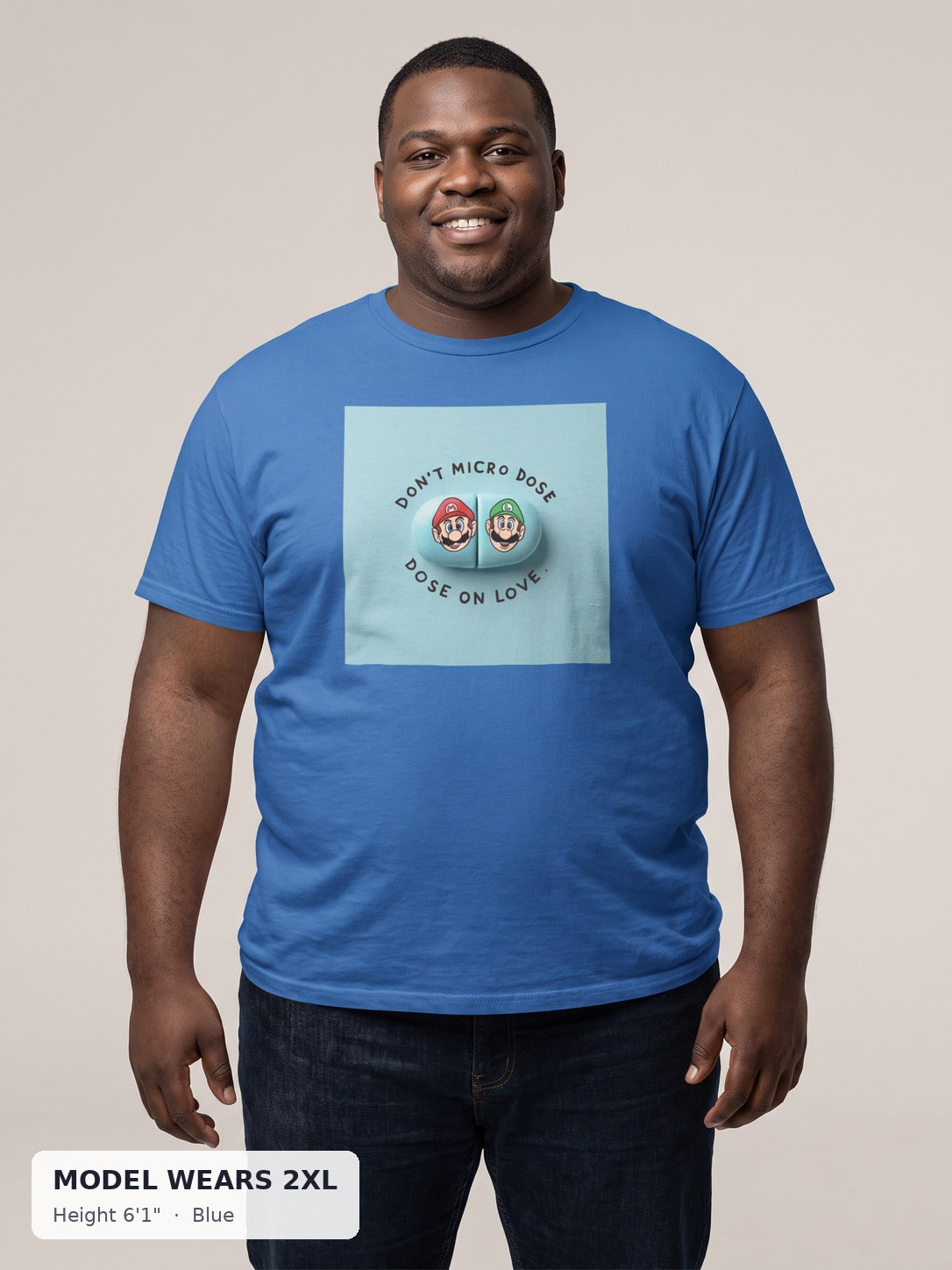 Micro Dose Love Tee in Blue on a plus-size model wearing size 2XL, 6'1" - Good Trouble Fashion