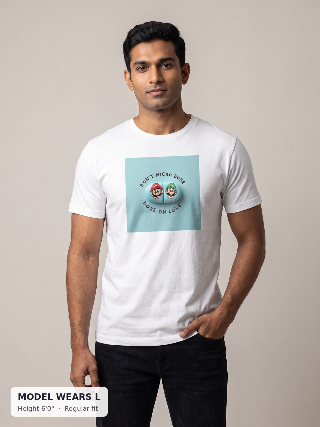 Micro Dose Love Tee on an athletic model wearing size L, 6'0" - Good Trouble Fashion