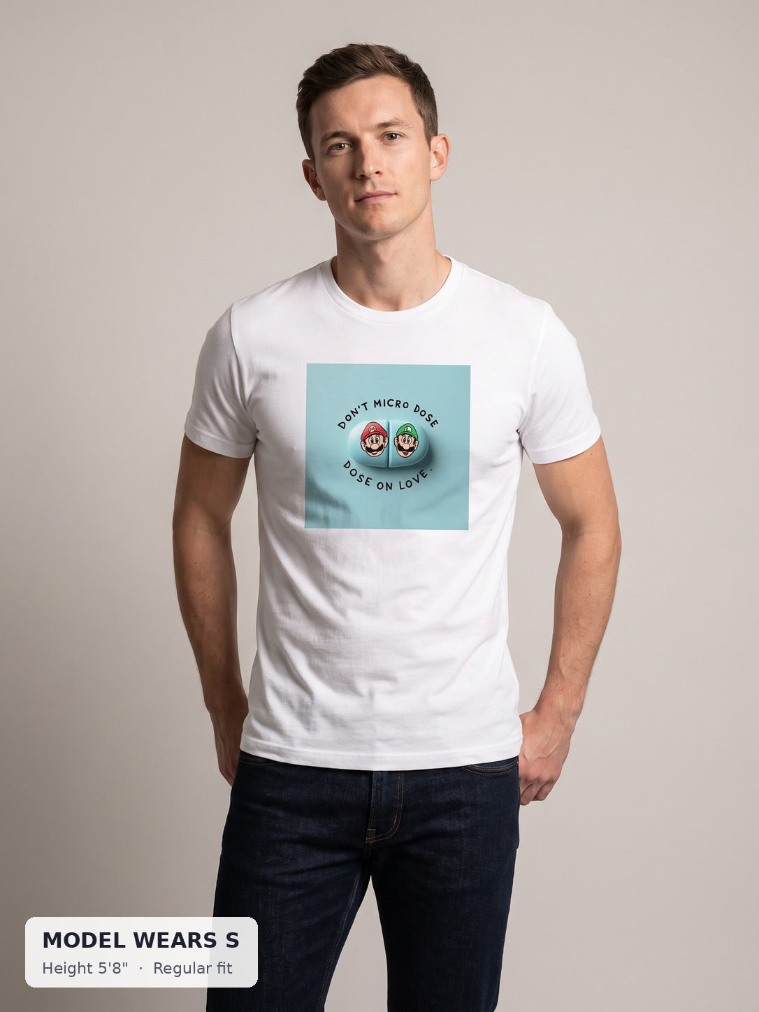 Micro Dose Love Tee on a slim model wearing size S, 5'8" - Good Trouble Fashion