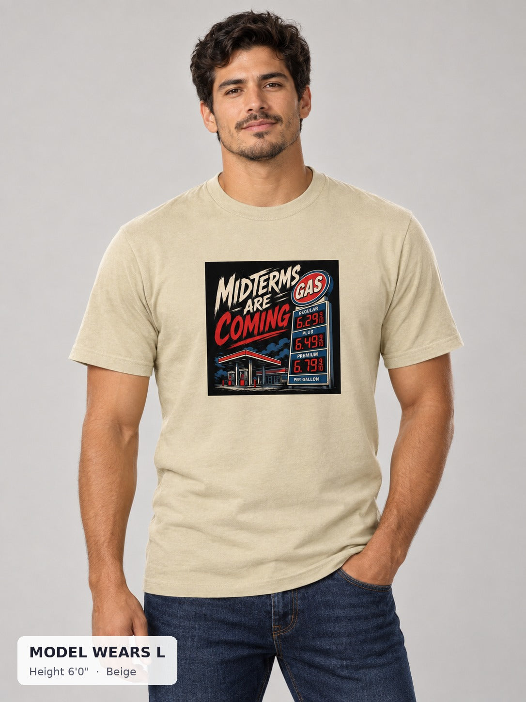 Midterms Are Coming Tee in Beige on an athletic model wearing size L, 6'0" - Good Trouble Fashion