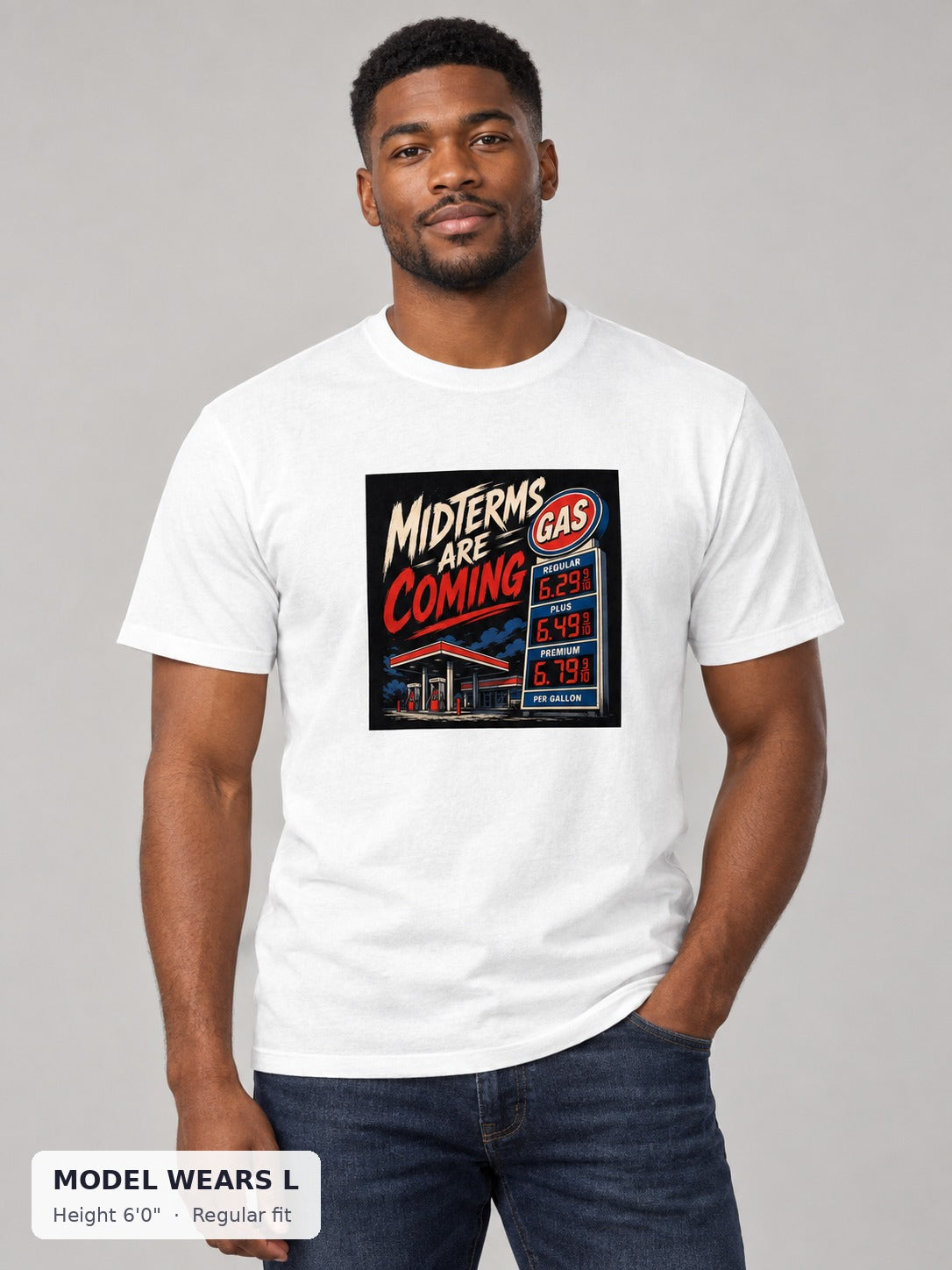 Midterms Are Coming Tee on an athletic model wearing size L, 6'0" - Good Trouble Fashion