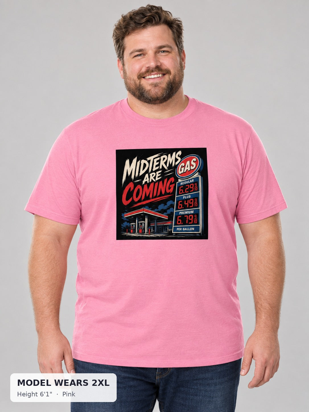 Midterms Are Coming Tee in Pink on a plus-size model wearing size 2XL, 6'1" - Good Trouble Fashion