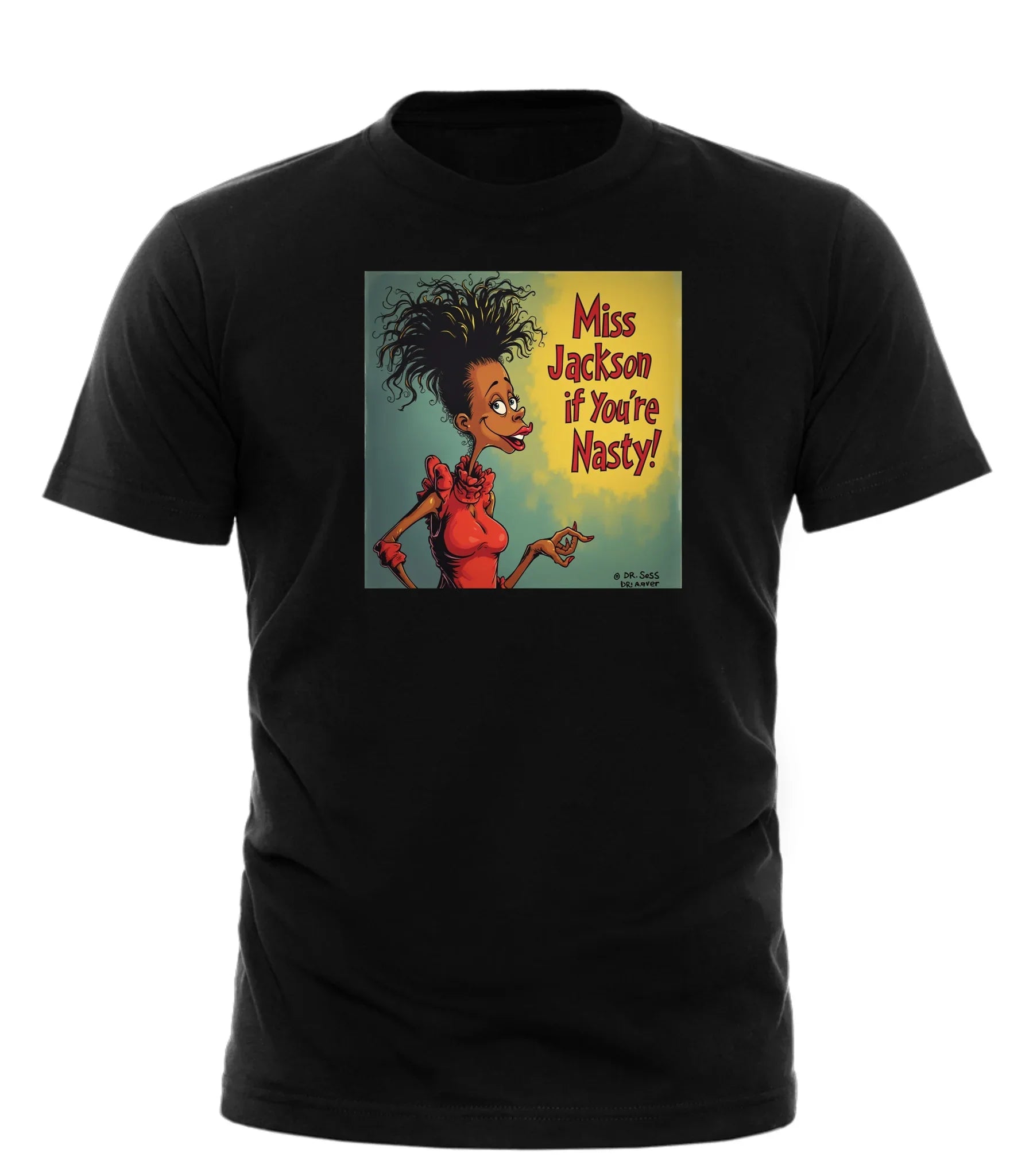 Good Trouble Garments Miss Jackson graphic tee black shirt with colorful cartoon and text design