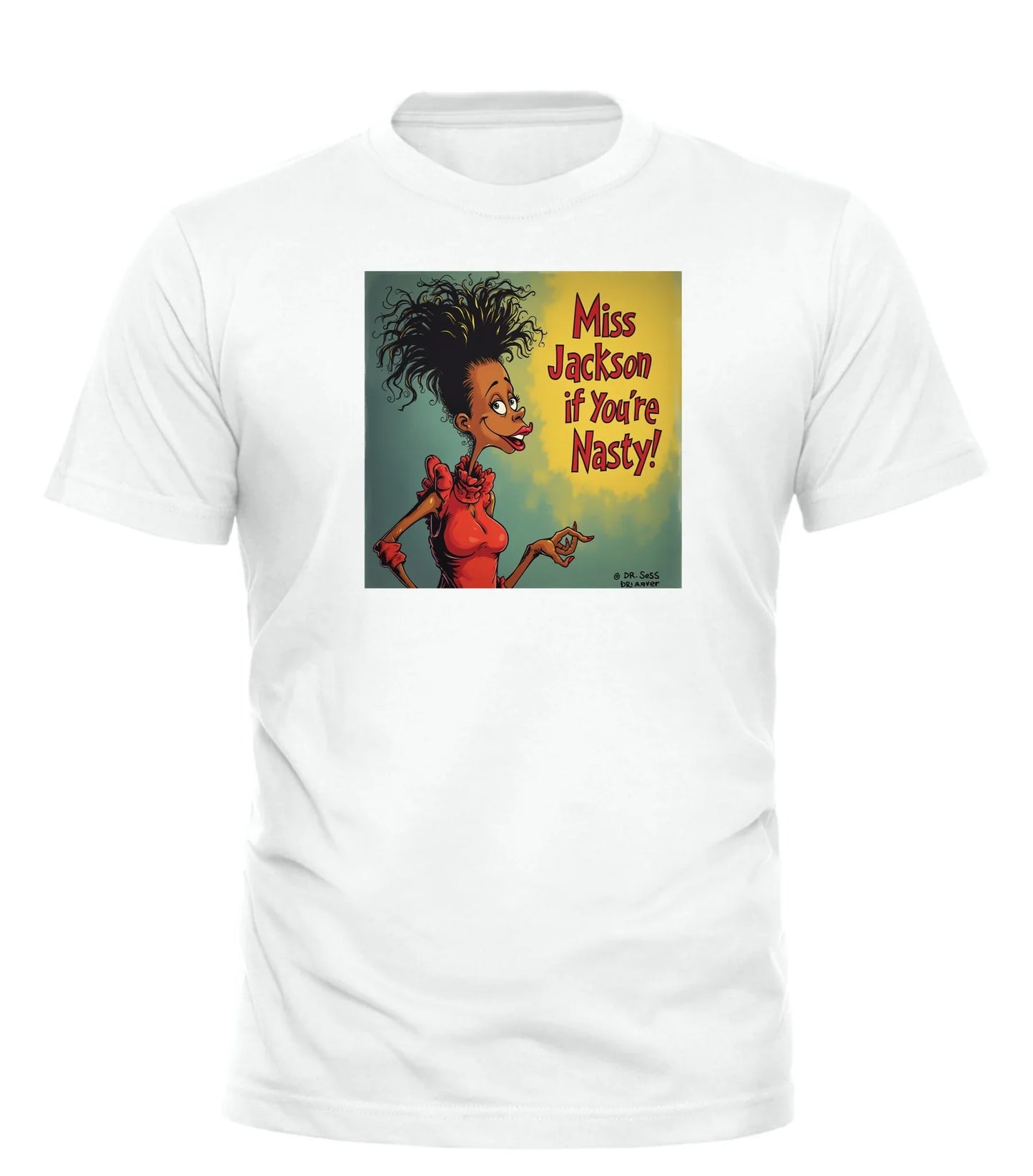 Good Trouble Garments white Miss Jackson graphic tee with colorful cartoon and text design