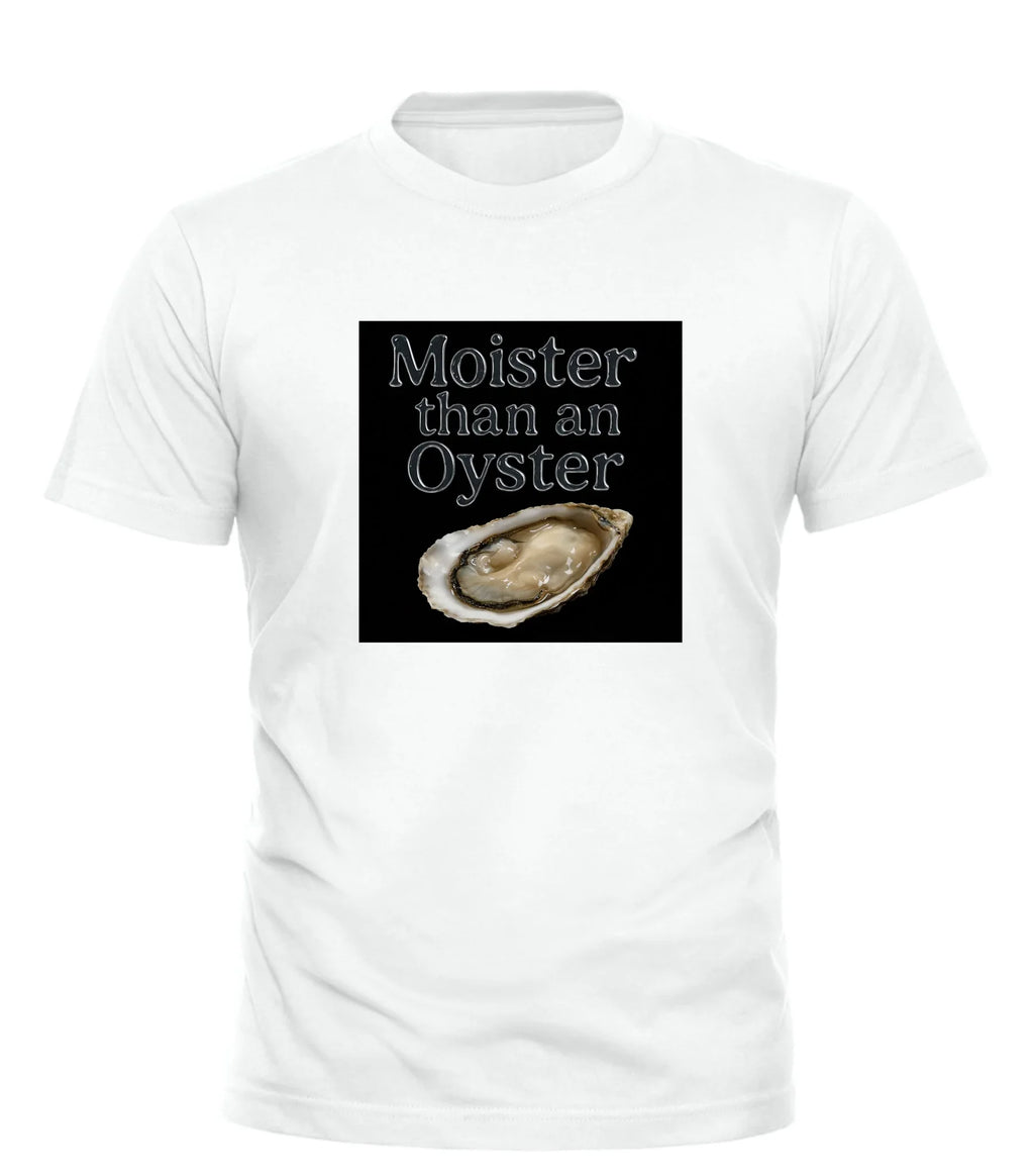 Good Trouble Garments white t-shirt with moister than an oyster tee graphic and oyster image