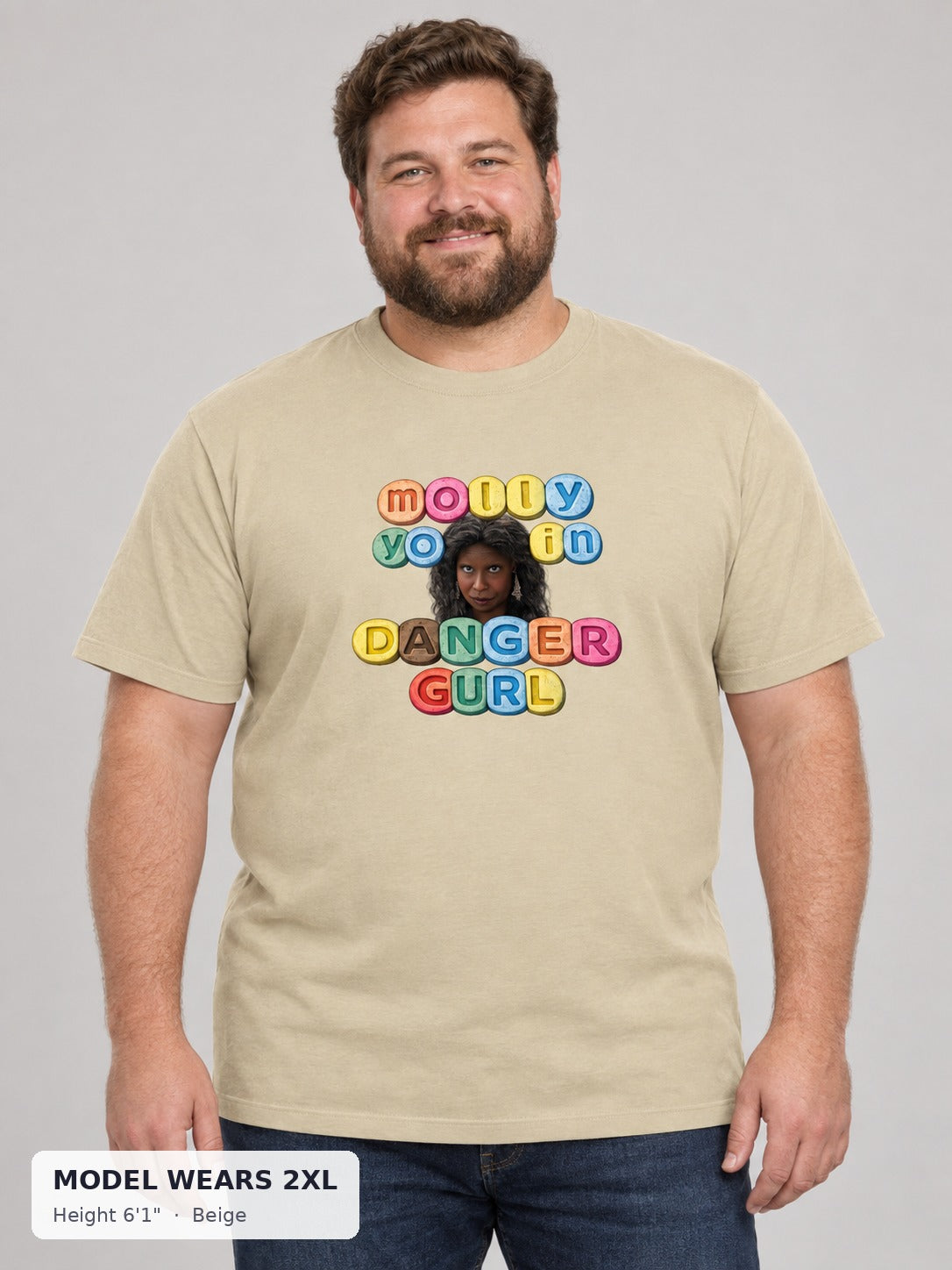 Molly Festival Tee in Beige on a plus-size model wearing size 2XL, 6'1" - Good Trouble Fashion