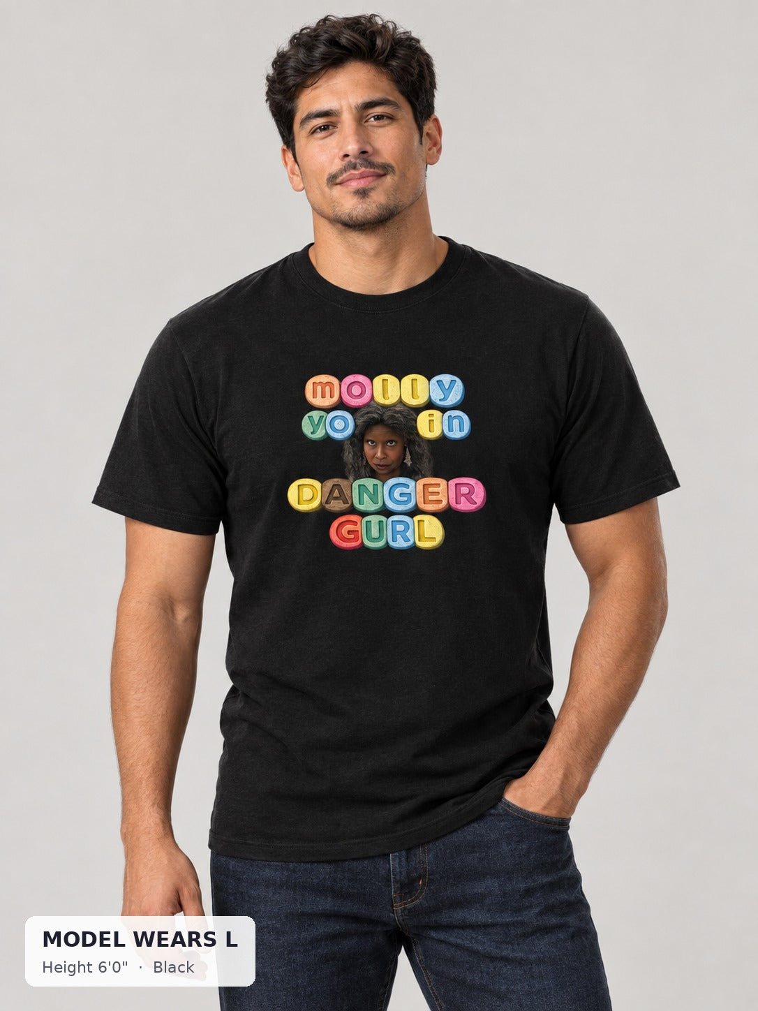 Molly Festival Tee in Black on an athletic model wearing size L, 6'0" - Good Trouble Fashion