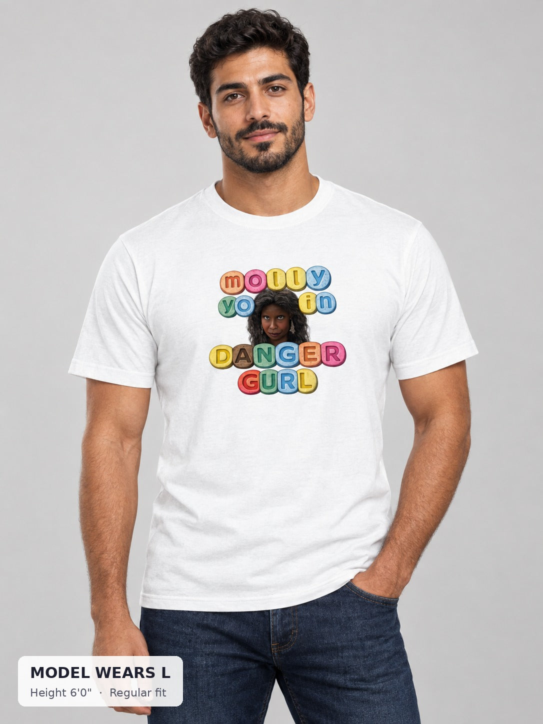 Molly Festival Tee on an athletic model wearing size L, 6'0" - Good Trouble Fashion