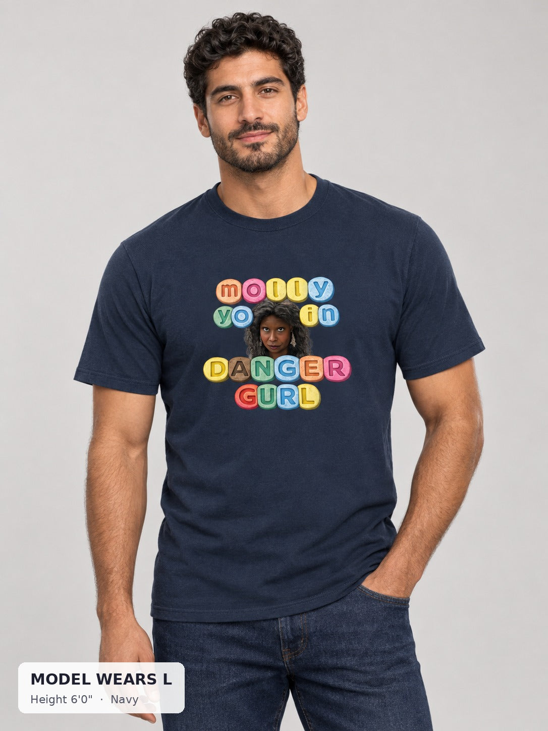 Molly Festival Tee in Navy on an athletic model wearing size L, 6'0" - Good Trouble Fashion