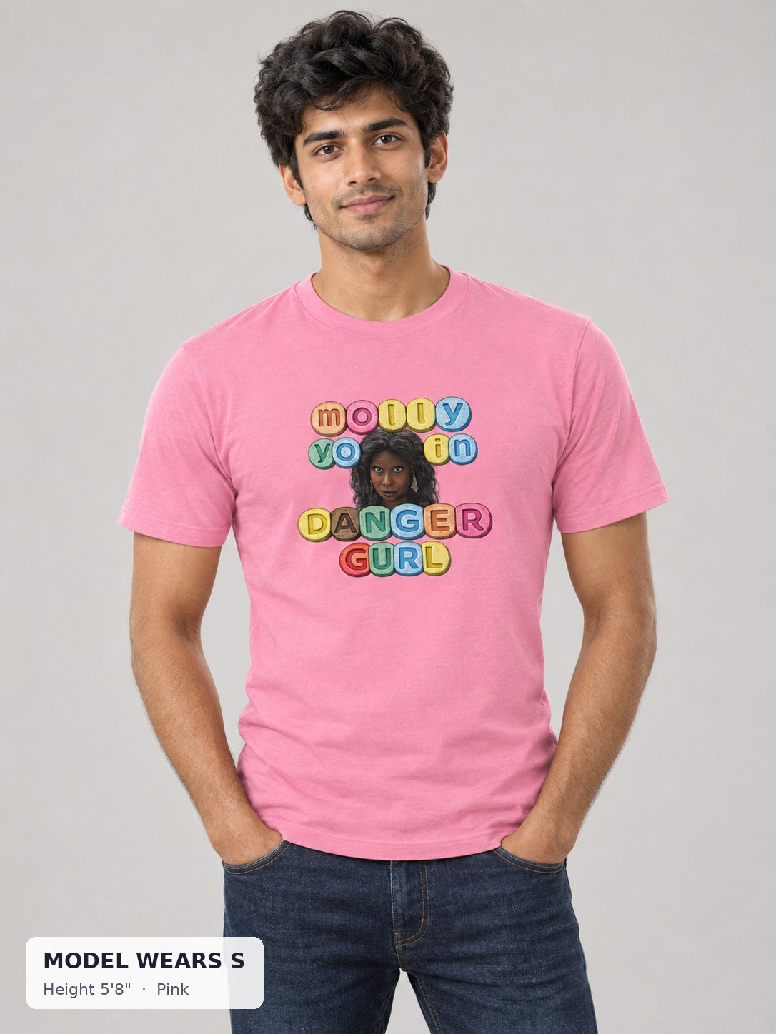 Molly Festival Tee in Pink on a slim model wearing size S, 5'8" - Good Trouble Fashion
