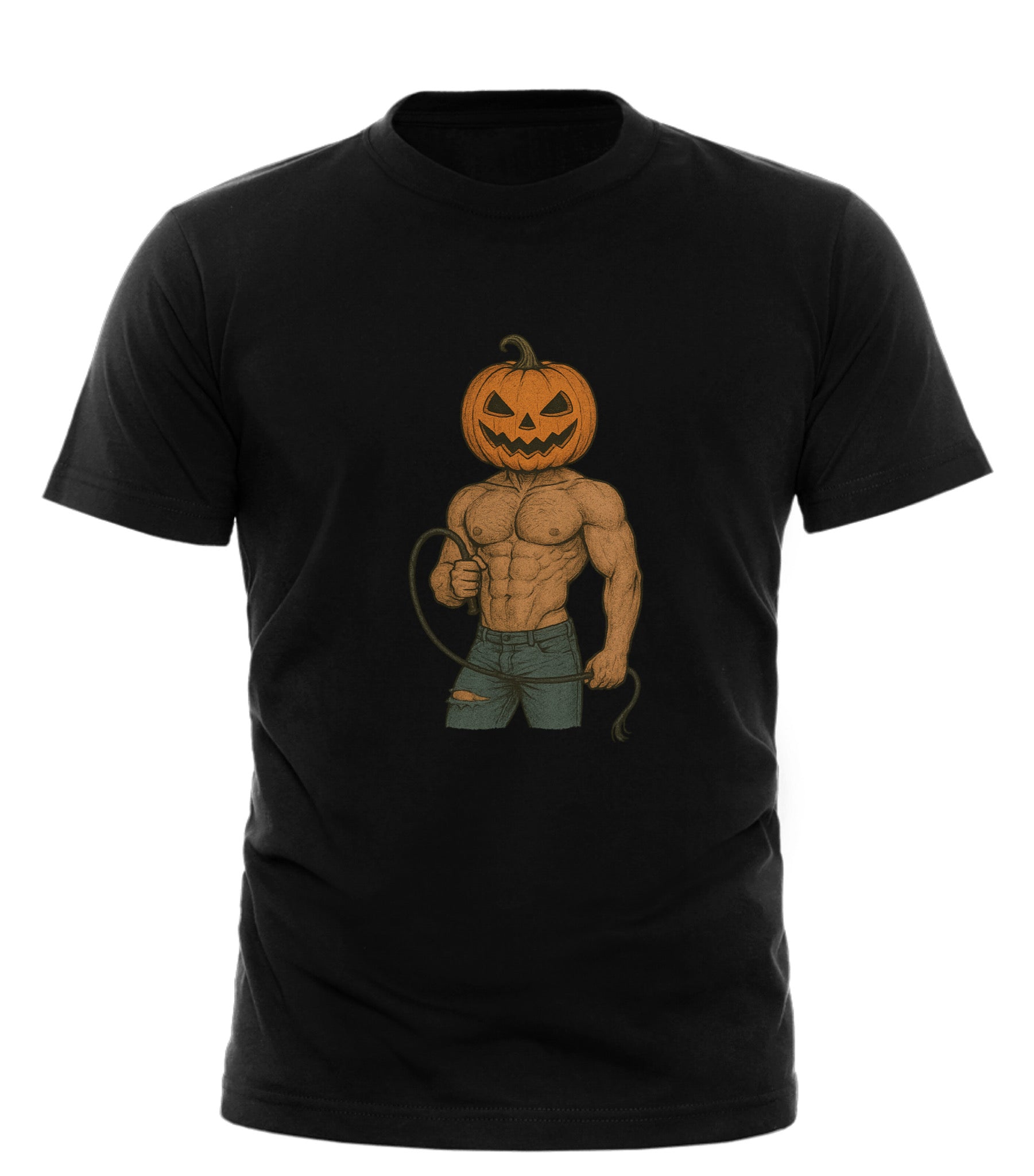 Black tee with THICC Pump King Halloween tee design showing muscular pumpkin head figure in ripped shorts